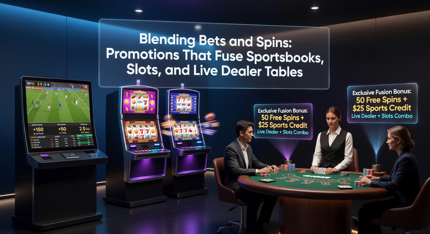 Darstellung einer hybriden Casino-Promotion mit Sportwetten, Slot-Maschinen und Live-Dealer-Tischen auf einem Bildschirm