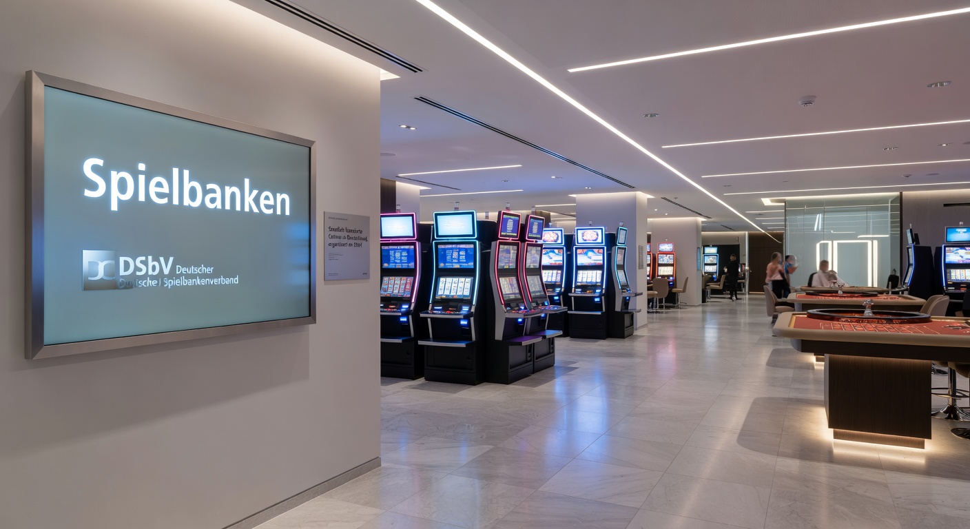 Besuchte Spielbankhalle mit Spielautomaten und Tischen, belebt von Gästen