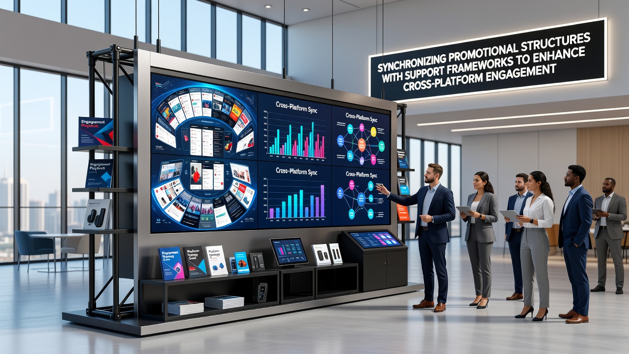 Illustration von Cross-Platform-Nutzung mit verbundenen Promo- und Support-Elementen in Sport- und Gaming-Apps