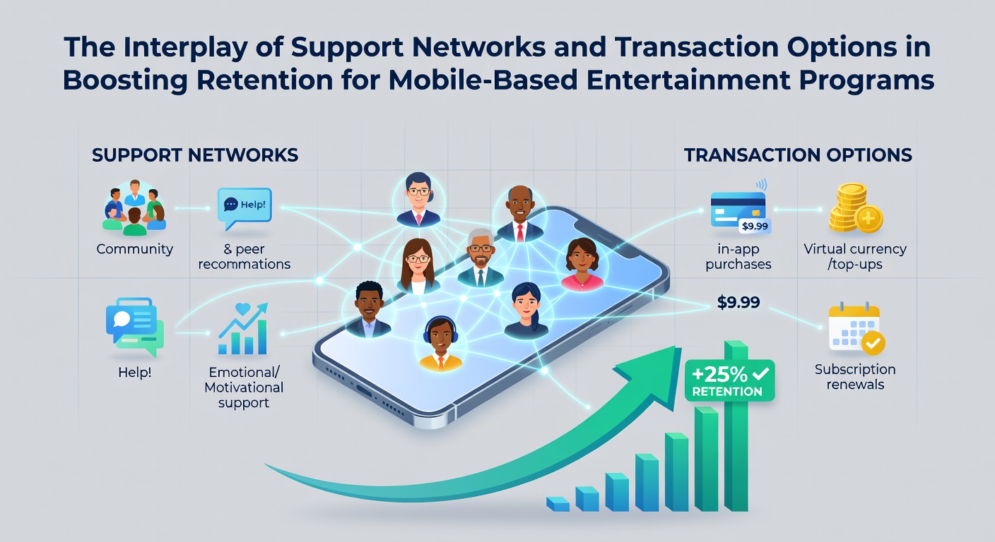 Illustration von Support-Netzwerken und mobilen Transaktionsoptionen in Entertainment-Apps
